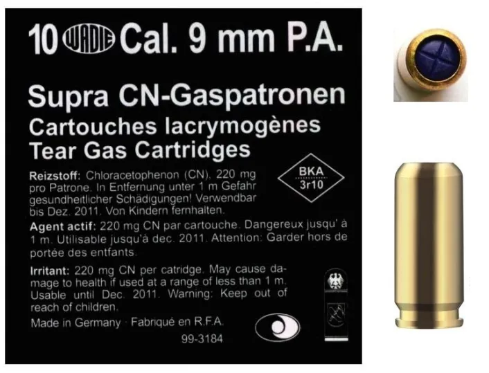 9mm-es P.A.K. Fekete Wadie Supra CN . 220mg Tear Gázlőszer